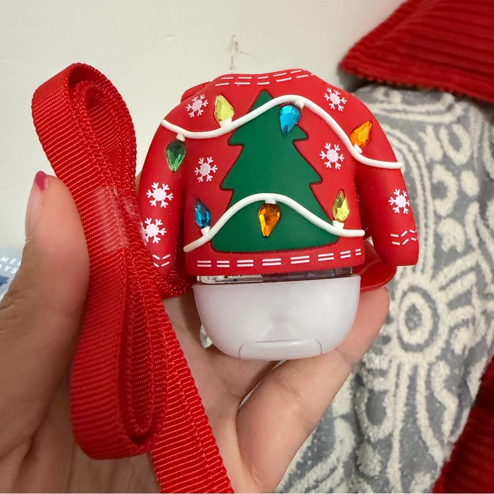 Bath & Body Works Christmas Ugly Sweater pocketbac Holder Bell with bonus sani